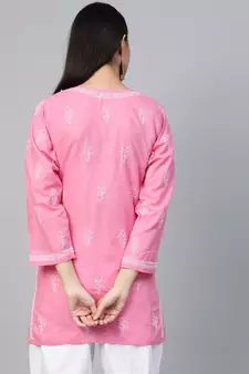 Cotton Pink Embroidered Chikankari Quarter Sleeve Stitched  Women Short Kurti