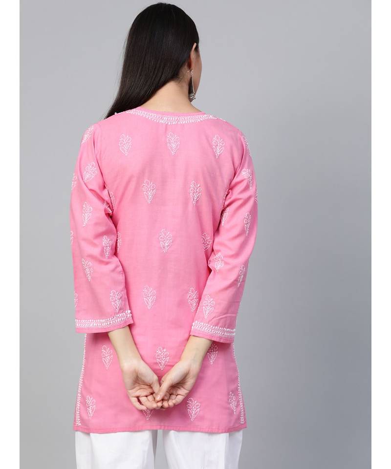 Cotton Pink Embroidered Chikankari Quarter Sleeve Stitched  Women Short Kurti