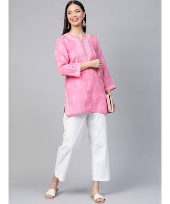 Cotton Pink Embroidered Chikankari Quarter Sleeve Stitched  Women Short Kurti 4