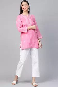 Cotton Pink Embroidered Chikankari Quarter Sleeve Stitched  Women Short Kurti