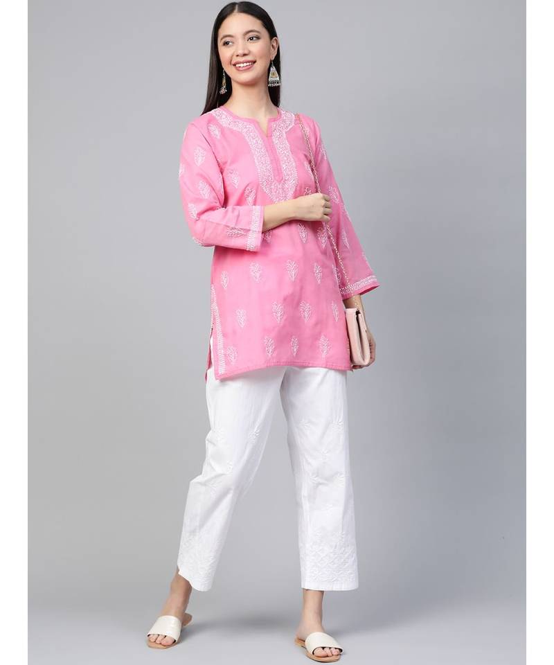 Cotton Pink Embroidered Chikankari Quarter Sleeve Stitched  Women Short Kurti