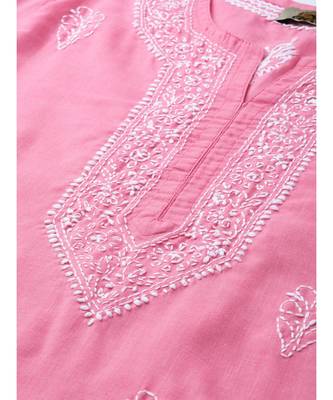 Cotton Pink Embroidered Chikankari Quarter Sleeve Stitched  Women Short Kurti 5