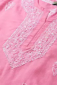 Cotton Pink Embroidered Chikankari Quarter Sleeve Stitched  Women Short Kurti