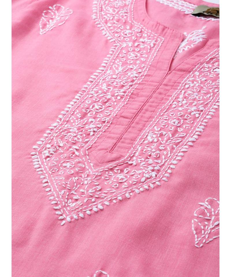 Cotton Pink Embroidered Chikankari Quarter Sleeve Stitched  Women Short Kurti