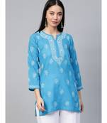 Cotton Blue Embroidered Chikankari Quarter Sleeve Stitched Women Short Kurti
