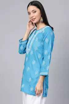 Cotton Blue Embroidered Chikankari Quarter Sleeve Stitched Women Short Kurti