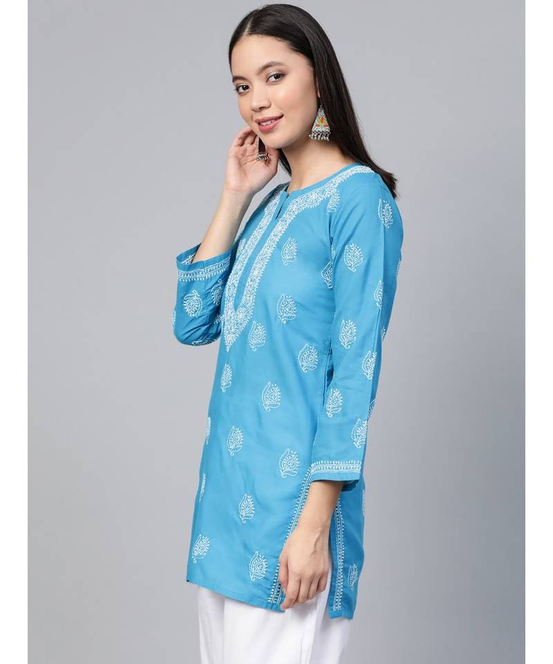 Cotton Blue Embroidered Chikankari Quarter Sleeve Stitched Women Short Kurti