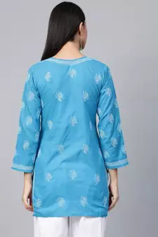 Cotton Blue Embroidered Chikankari Quarter Sleeve Stitched Women Short Kurti