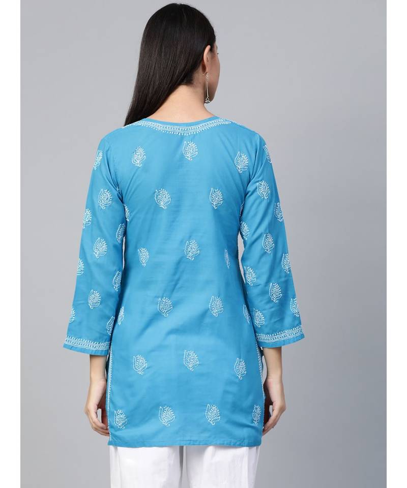 Cotton Blue Embroidered Chikankari Quarter Sleeve Stitched Women Short Kurti