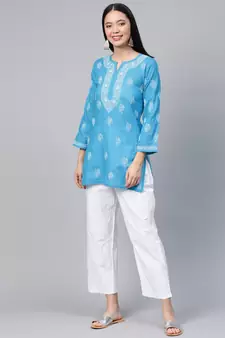 Cotton Blue Embroidered Chikankari Quarter Sleeve Stitched Women Short Kurti