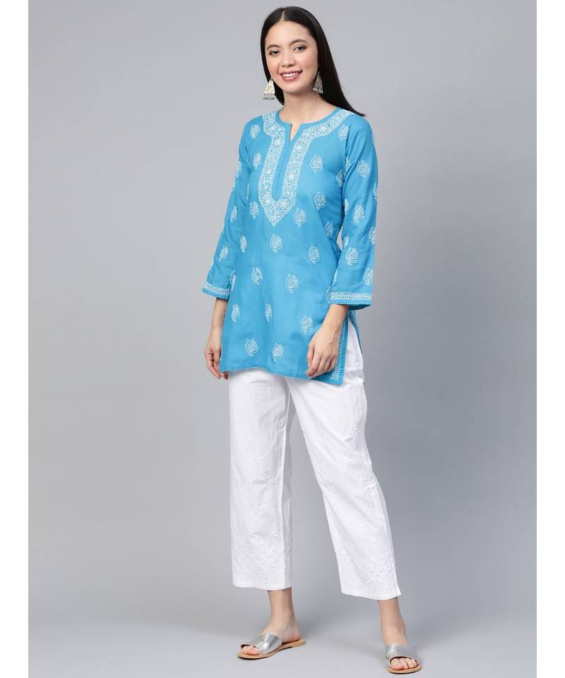 Cotton Blue Embroidered Chikankari Quarter Sleeve Stitched Women Short Kurti