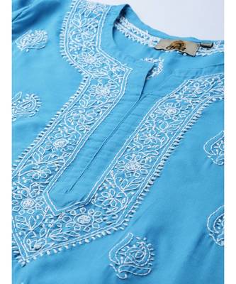 Cotton Blue Embroidered Chikankari Quarter Sleeve Stitched Women Short Kurti 5
