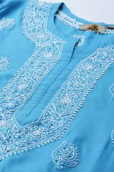 Cotton Blue Embroidered Chikankari Quarter Sleeve Stitched Women Short Kurti