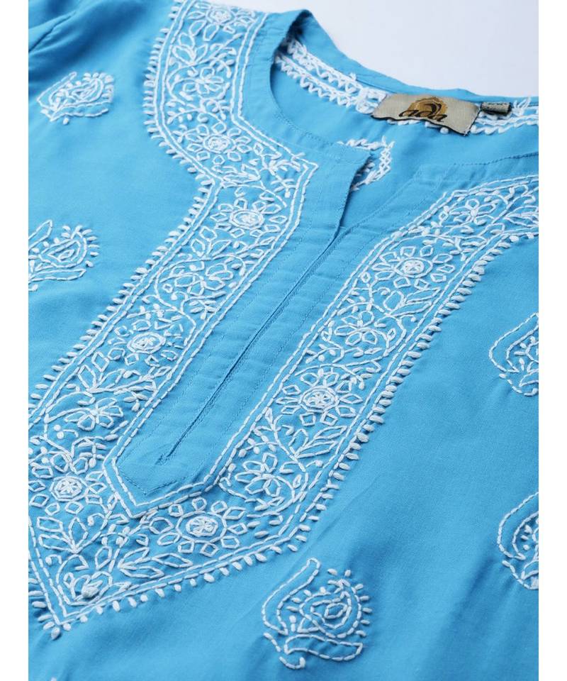 Cotton Blue Embroidered Chikankari Quarter Sleeve Stitched Women Short Kurti