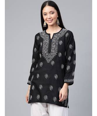 Cotton Black Hand Embroidered Chikankari Quarter Sleeve Stitched Women Short Kurti 1