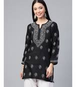 Cotton Black Hand Embroidered Chikankari Quarter Sleeve Stitched Women Short Kurti