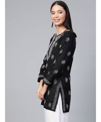 Cotton Black Hand Embroidered Chikankari Quarter Sleeve Stitched Women Short Kurti 2