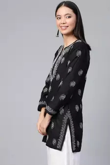 Cotton Black Hand Embroidered Chikankari Quarter Sleeve Stitched Women Short Kurti