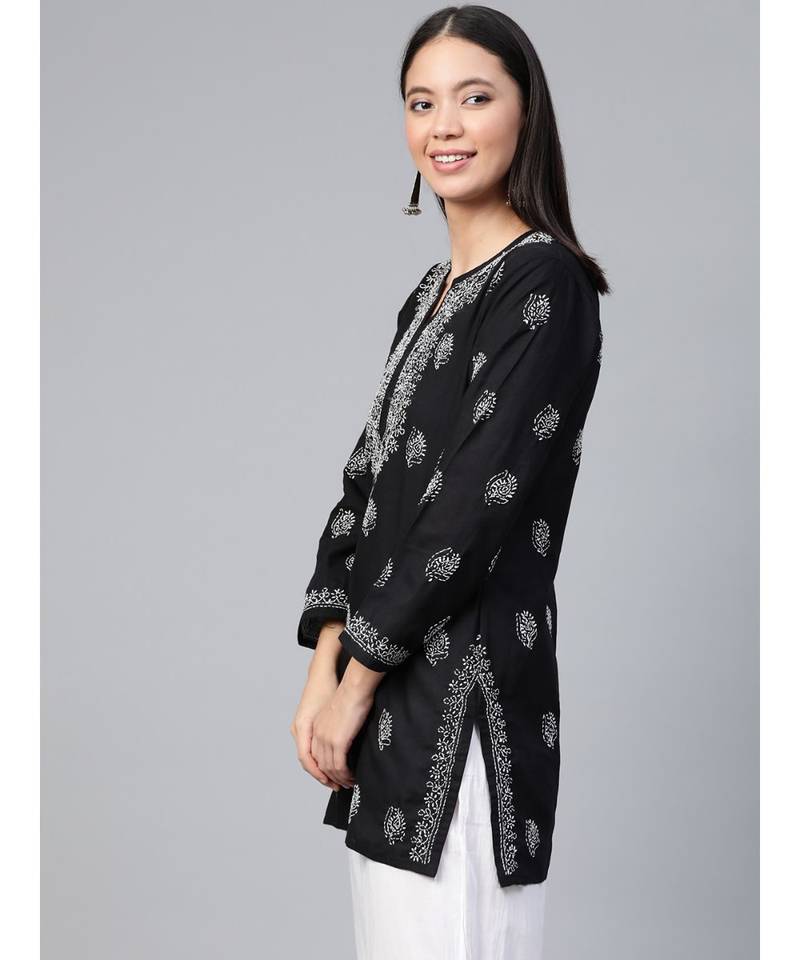 Cotton Black Hand Embroidered Chikankari Quarter Sleeve Stitched Women Short Kurti