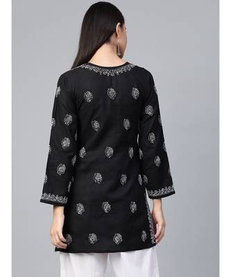 Cotton Black Hand Embroidered Chikankari Quarter Sleeve Stitched Women Short Kurti 3