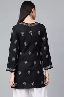 Cotton Black Hand Embroidered Chikankari Quarter Sleeve Stitched Women Short Kurti