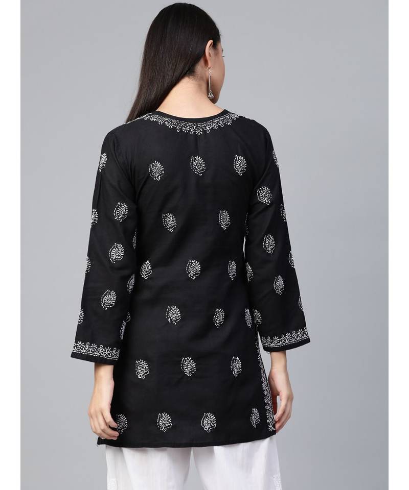 Cotton Black Hand Embroidered Chikankari Quarter Sleeve Stitched Women Short Kurti