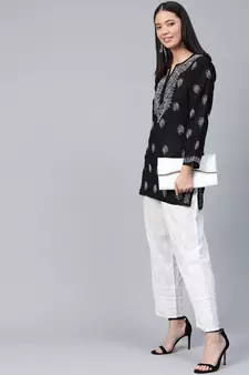 Cotton Black Hand Embroidered Chikankari Quarter Sleeve Stitched Women Short Kurti
