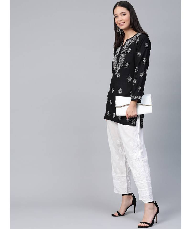 Cotton Black Hand Embroidered Chikankari Quarter Sleeve Stitched Women Short Kurti