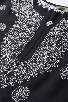 Cotton Black Hand Embroidered Chikankari Quarter Sleeve Stitched Women Short Kurti