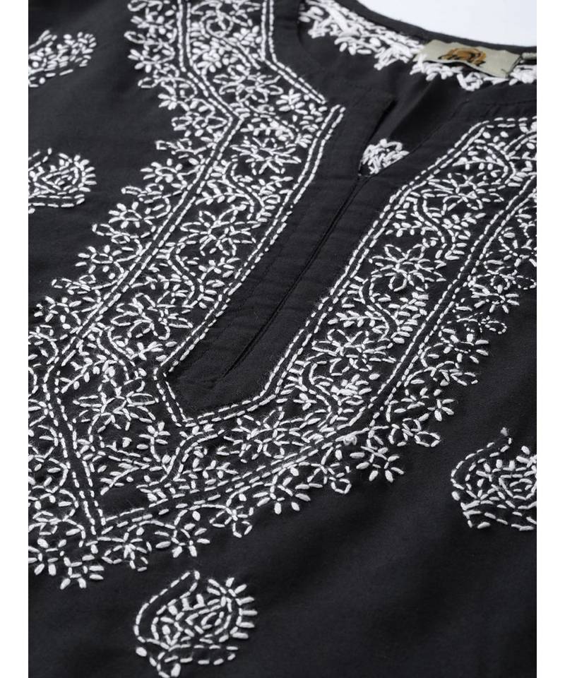Cotton Black Hand Embroidered Chikankari Quarter Sleeve Stitched Women Short Kurti