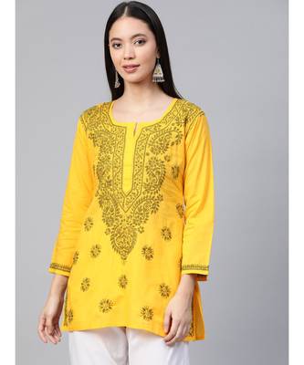Ada Cotton yellow embroidered chikankari quarter sleeve stitched Women short Kurti - A250458 1