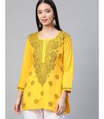 Ada Cotton yellow embroidered chikankari quarter sleeve stitched Women short Kurti - A250458