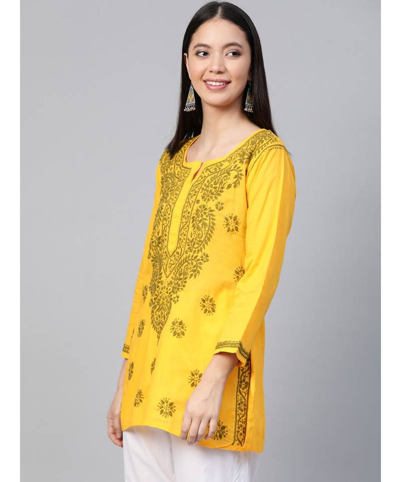 Ada Cotton yellow embroidered chikankari quarter sleeve stitched Women short Kurti - A250458