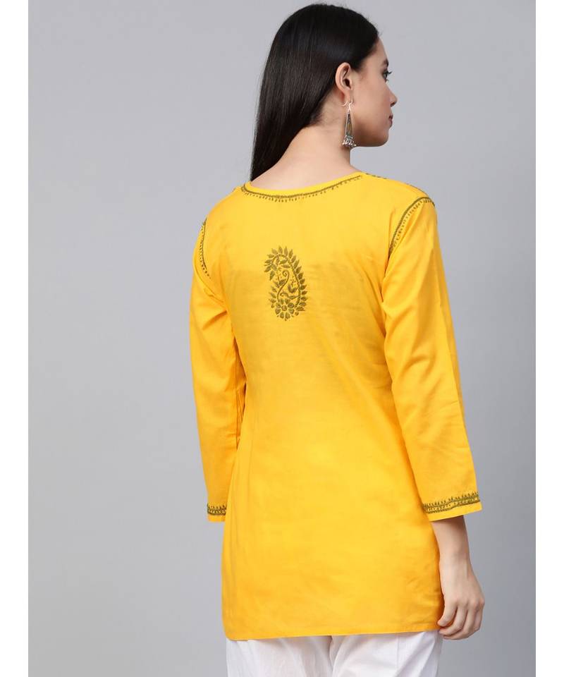 Ada Cotton yellow embroidered chikankari quarter sleeve stitched Women short Kurti - A250458