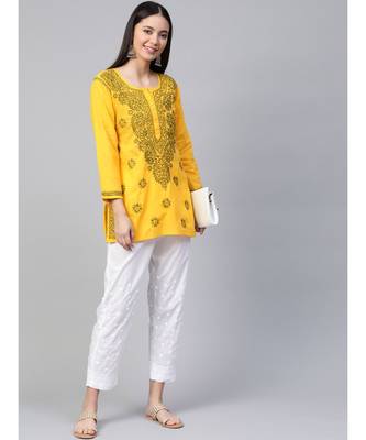 Ada Cotton yellow embroidered chikankari quarter sleeve stitched Women short Kurti - A250458 4