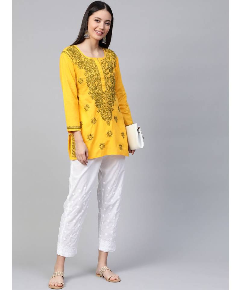 Ada Cotton yellow embroidered chikankari quarter sleeve stitched Women short Kurti - A250458
