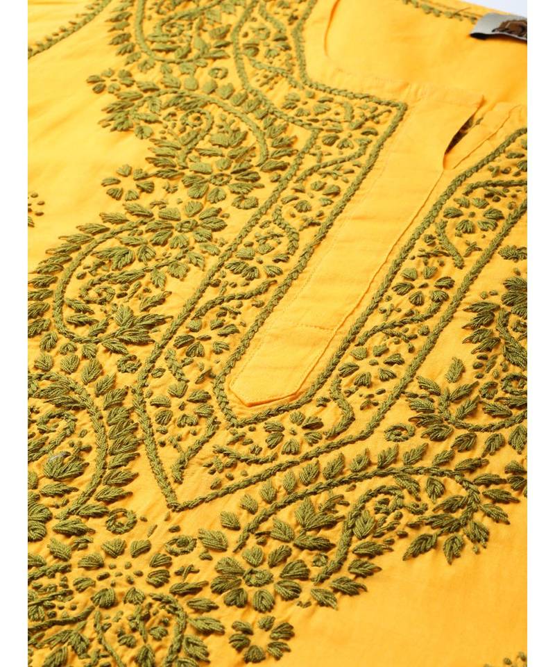 Ada Cotton yellow embroidered chikankari quarter sleeve stitched Women short Kurti - A250458