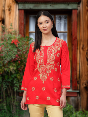 Ada Cotton pink embroidered chikankari quarter sleeve stitched Women short Kurti - A250586 2