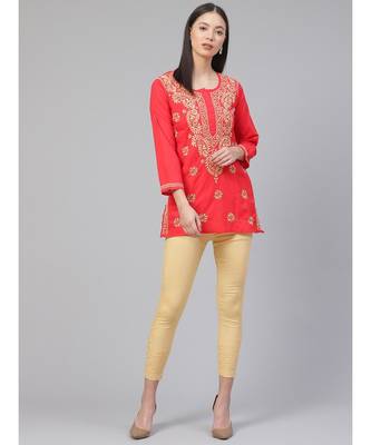 Ada Cotton pink embroidered chikankari quarter sleeve stitched Women short Kurti - A250586 1