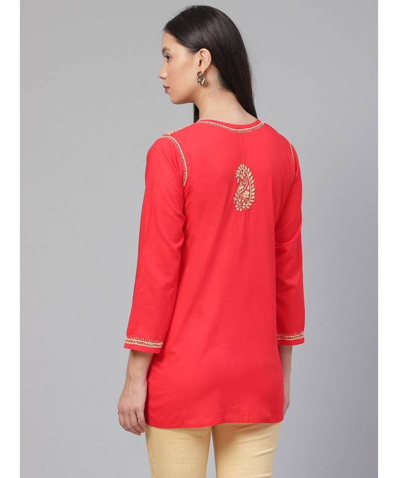 Ada Cotton pink embroidered chikankari quarter sleeve stitched Women short Kurti - A250586