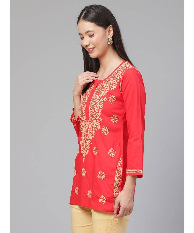 Ada Cotton pink embroidered chikankari quarter sleeve stitched Women short Kurti - A250586