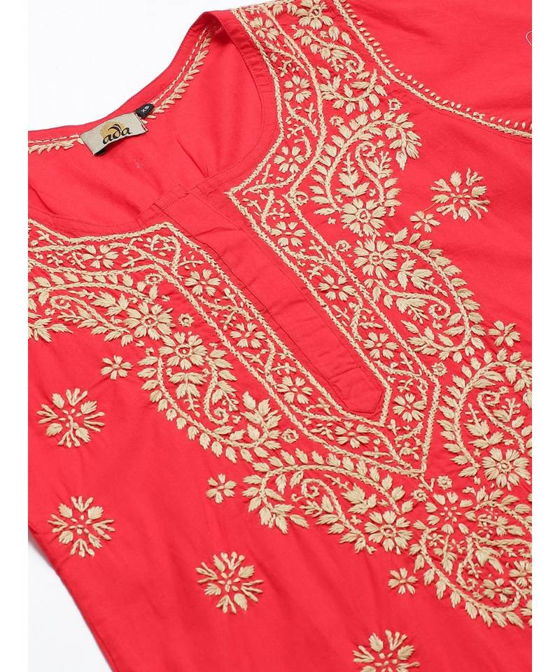 Ada Cotton pink embroidered chikankari quarter sleeve stitched Women short Kurti - A250586