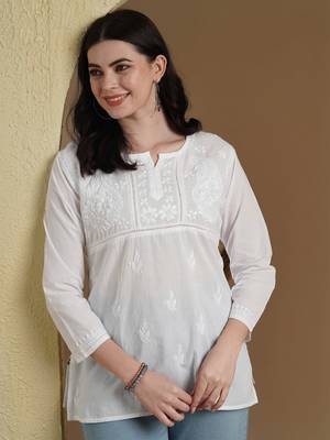 Ada Hand Embroidered White Cotton Lucknow Chikan Women Short Kurti - A100237 1