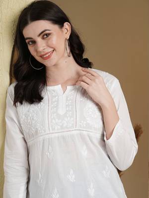 Ada Hand Embroidered White Cotton Lucknow Chikan Women Short Kurti - A100237 3