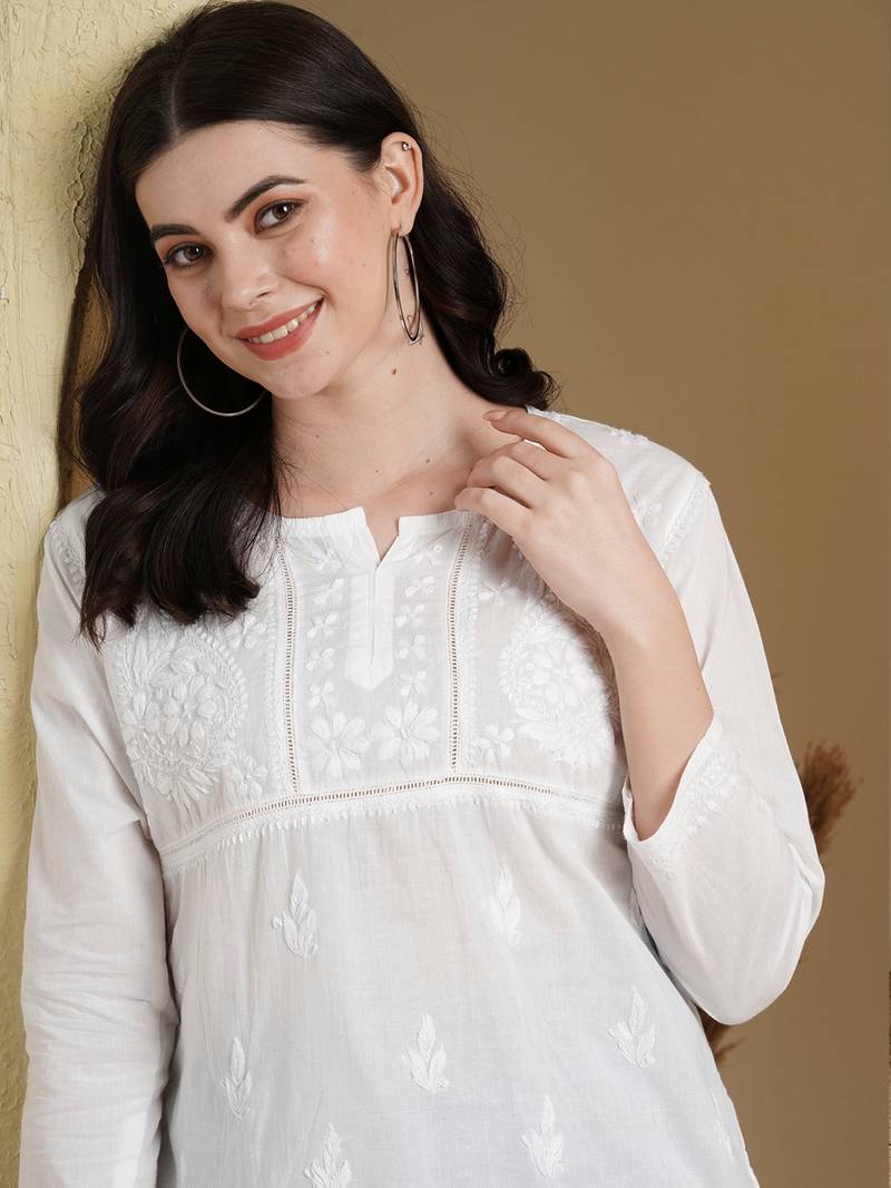 Ada Hand Embroidered White Cotton Lucknow Chikan Women Short Kurti - A100237