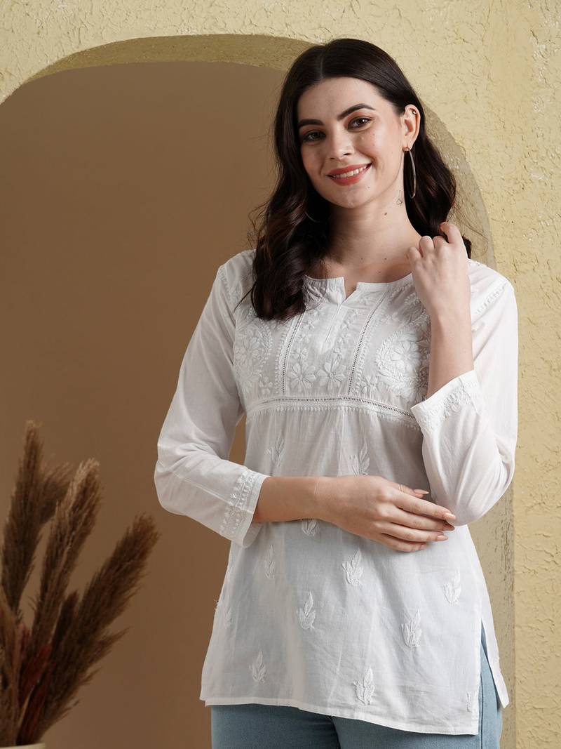 Ada Hand Embroidered White Cotton Lucknow Chikan Women Short Kurti - A100237