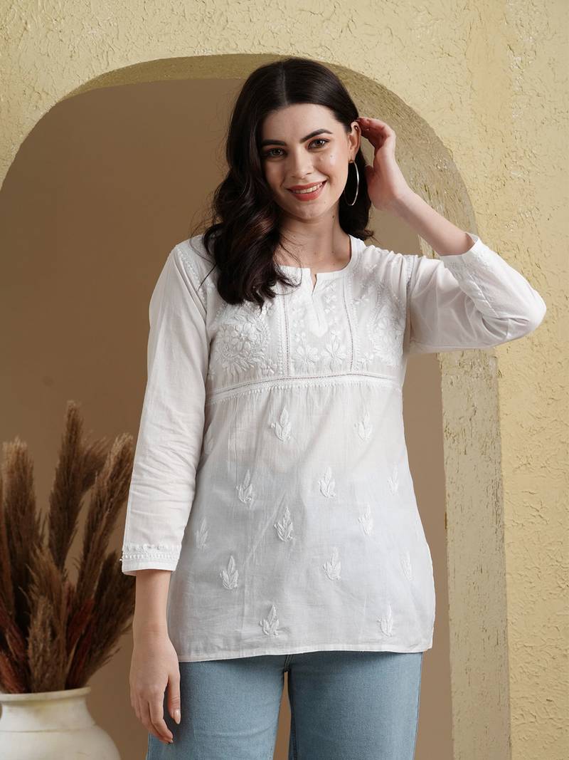 Ada Hand Embroidered White Cotton Lucknow Chikan Women Short Kurti - A100237