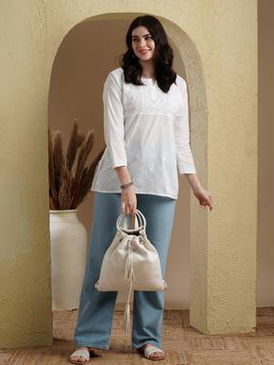 Ada Hand Embroidered White Cotton Lucknow Chikan Women Short Kurti - A100237 6