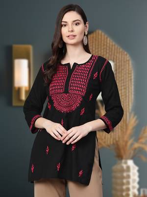Hand Embroidered Black & Magenta Cotton Chikankari Quarter Sleeve Stitched Women Short Kurti 1