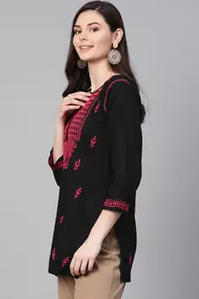 Hand Embroidered Black & Magenta Cotton Chikankari Quarter Sleeve Stitched Women Short Kurti
